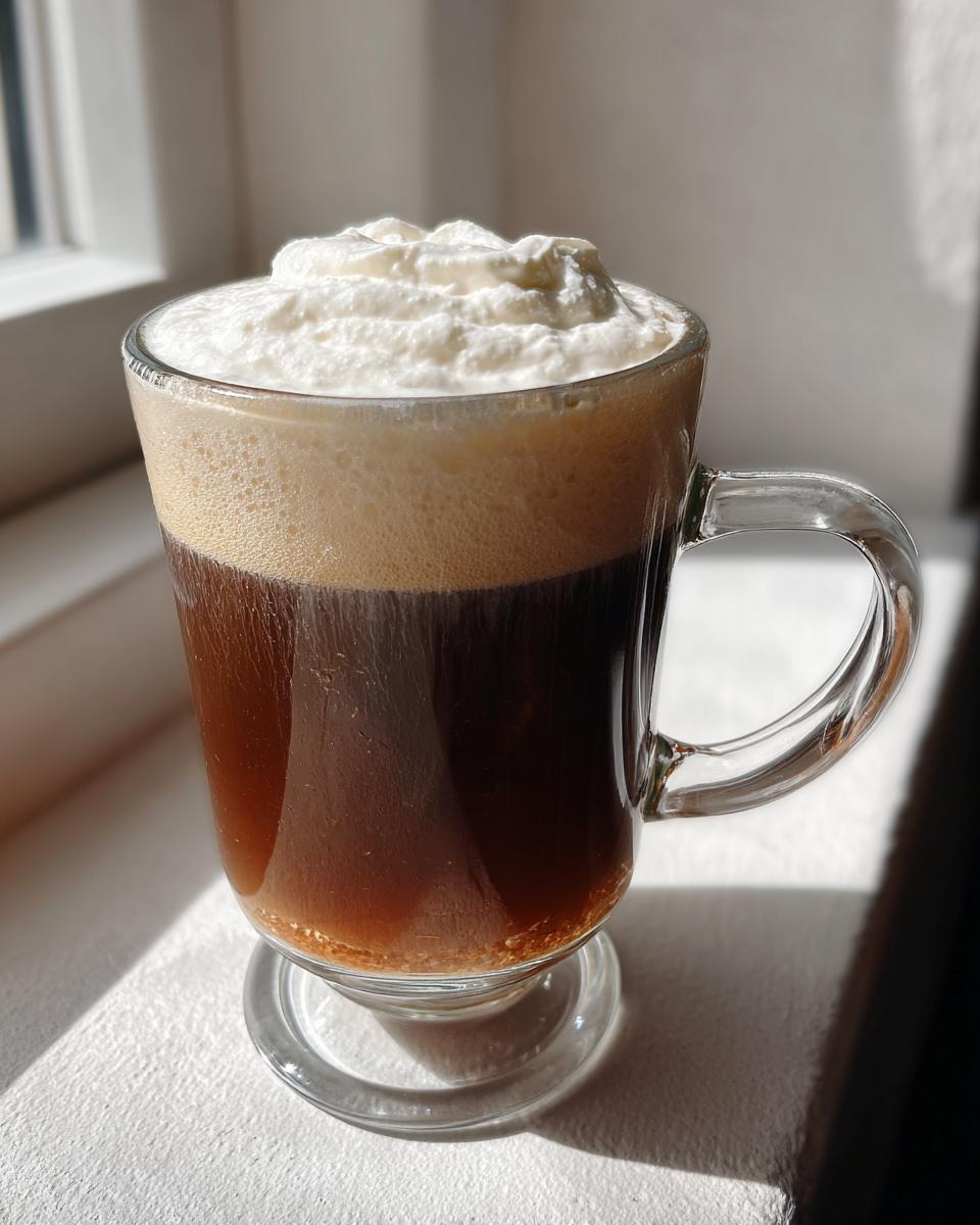 A clear glass mug filled with a rich, dark Irish Coffee topped with a generous layer of whipped cream.