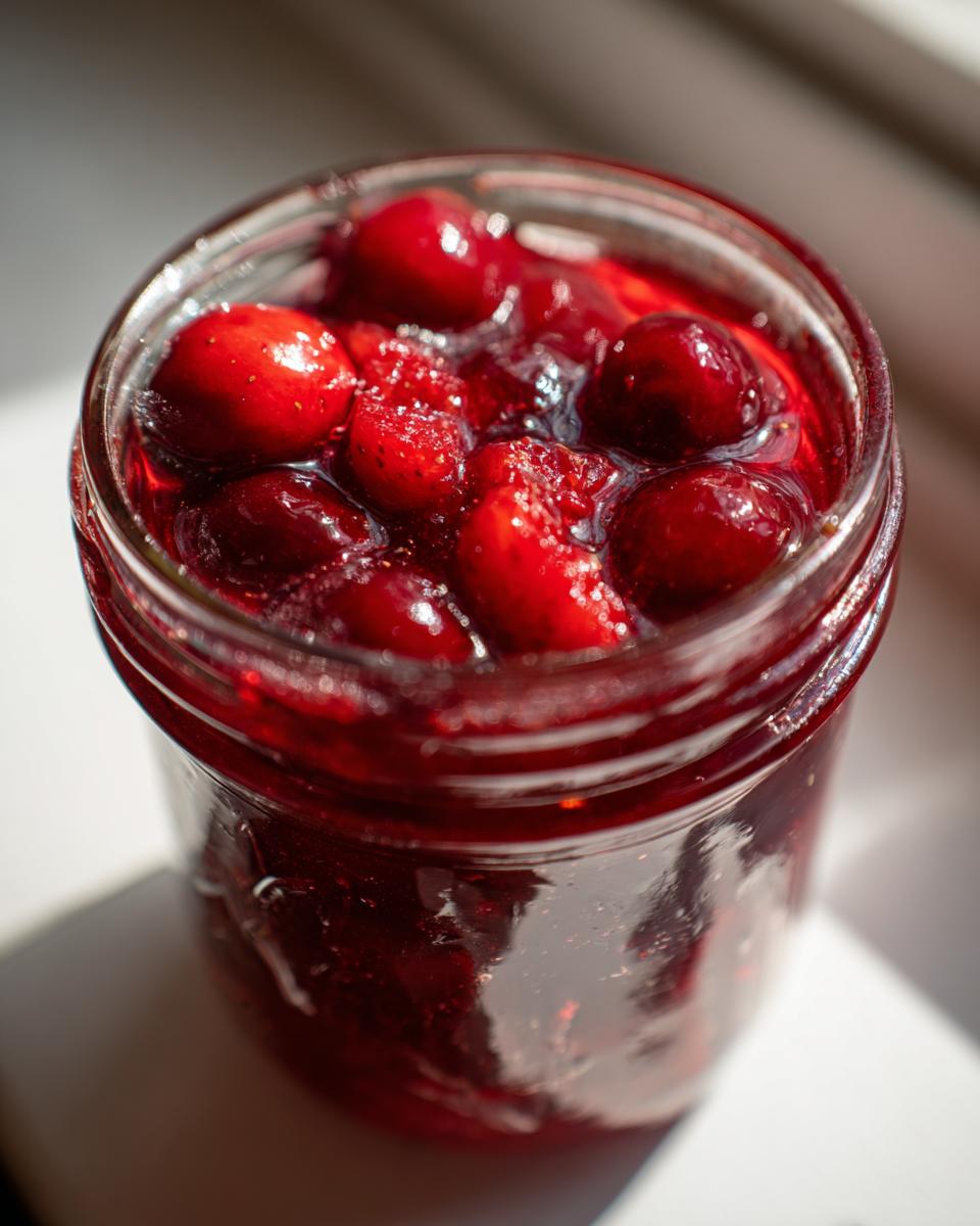 Close-up of a glass jar filled with bright red, chunky christmas jam, featuring whole cranberries.