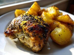 Close-up of a perfectly roasted greek chicken breast topped with herbs and lemon zest, served with golden roasted potatoes.