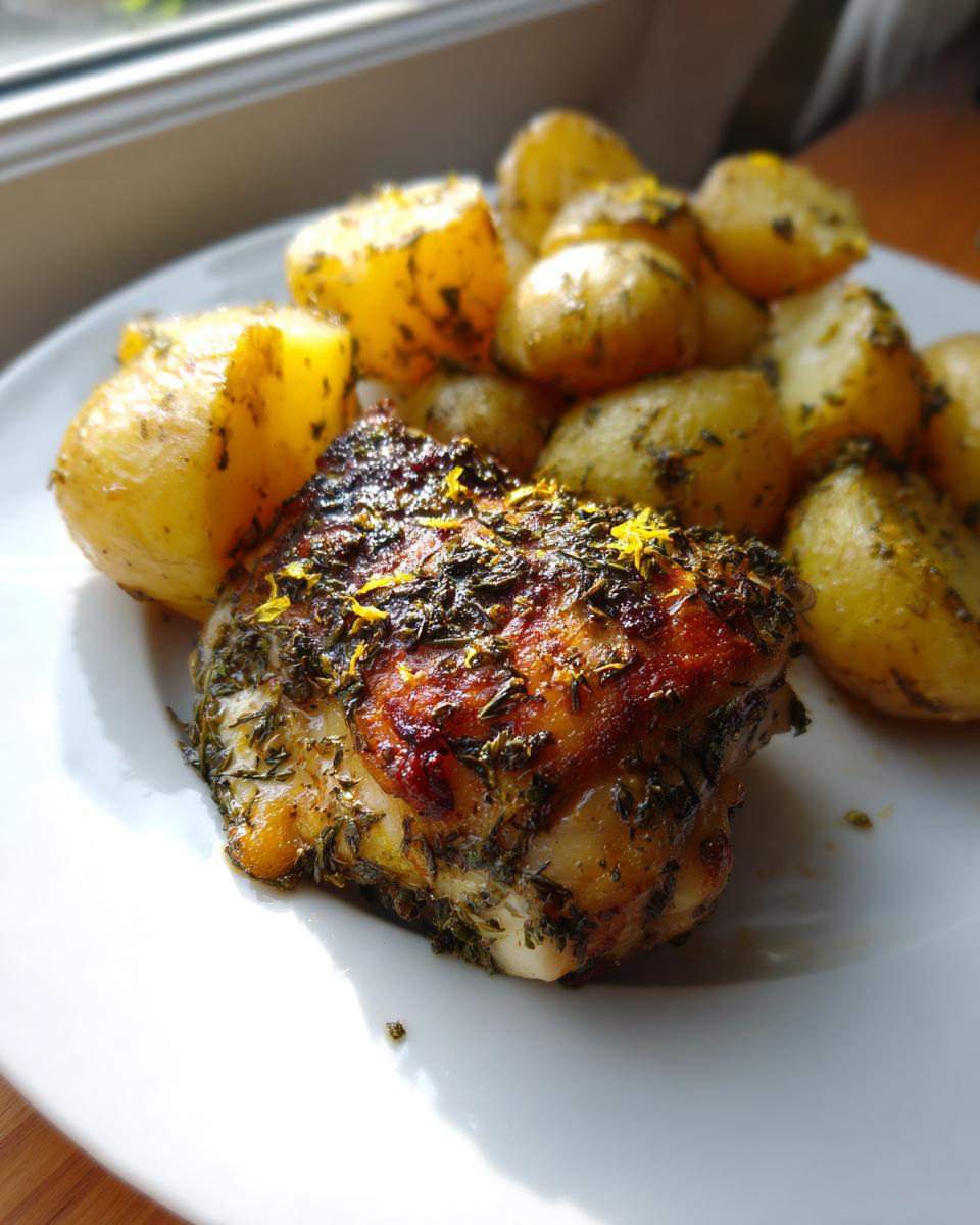 A perfectly cooked piece of juicy greek chicken seasoned with herbs and lemon zest, served with roasted potatoes.