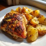 A close-up of juicy greek chicken with crispy skin topped with lemon zest next to roasted potatoes.