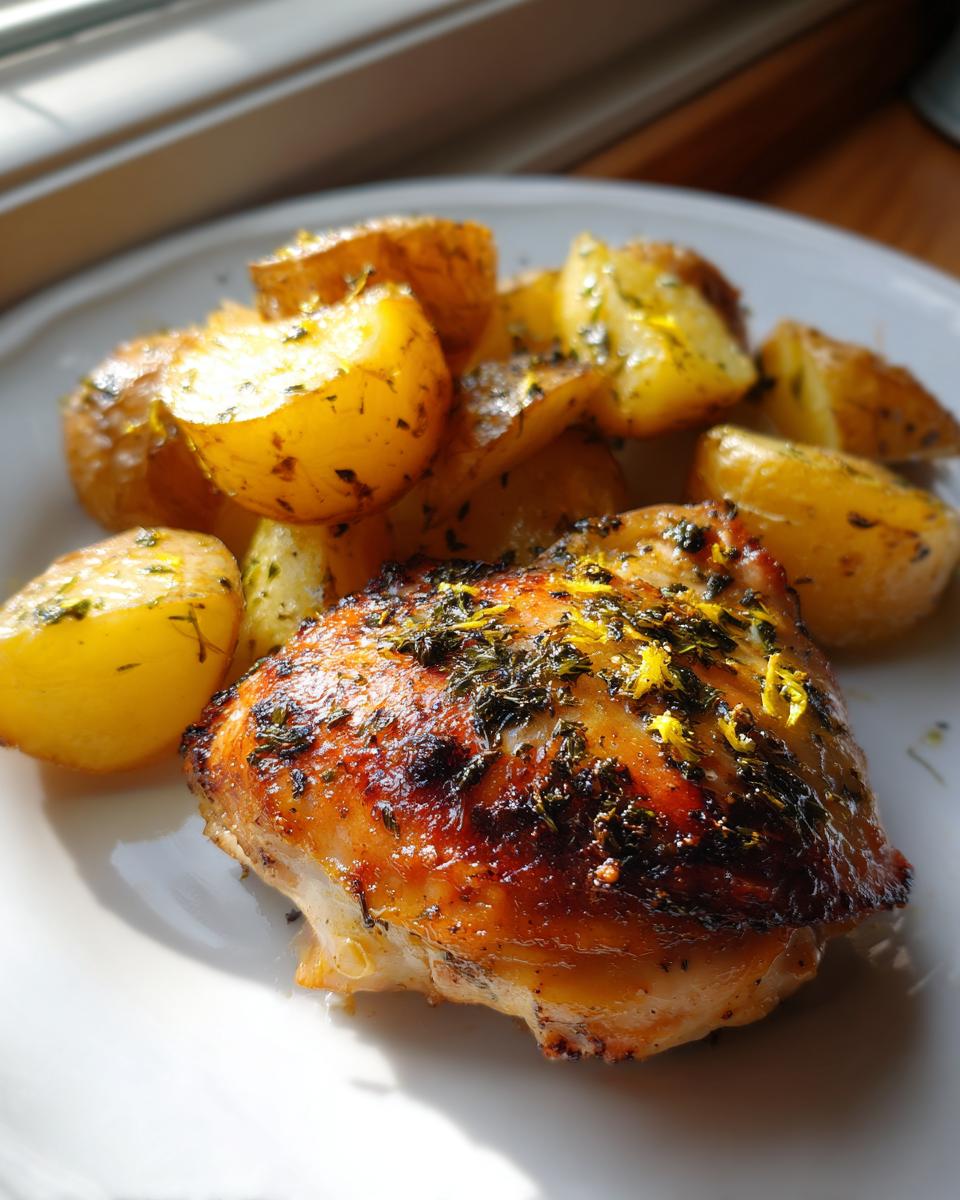 Close-up of a perfectly cooked, caramelized piece of greek chicken topped with herbs and lemon zest, served with roasted potatoes.