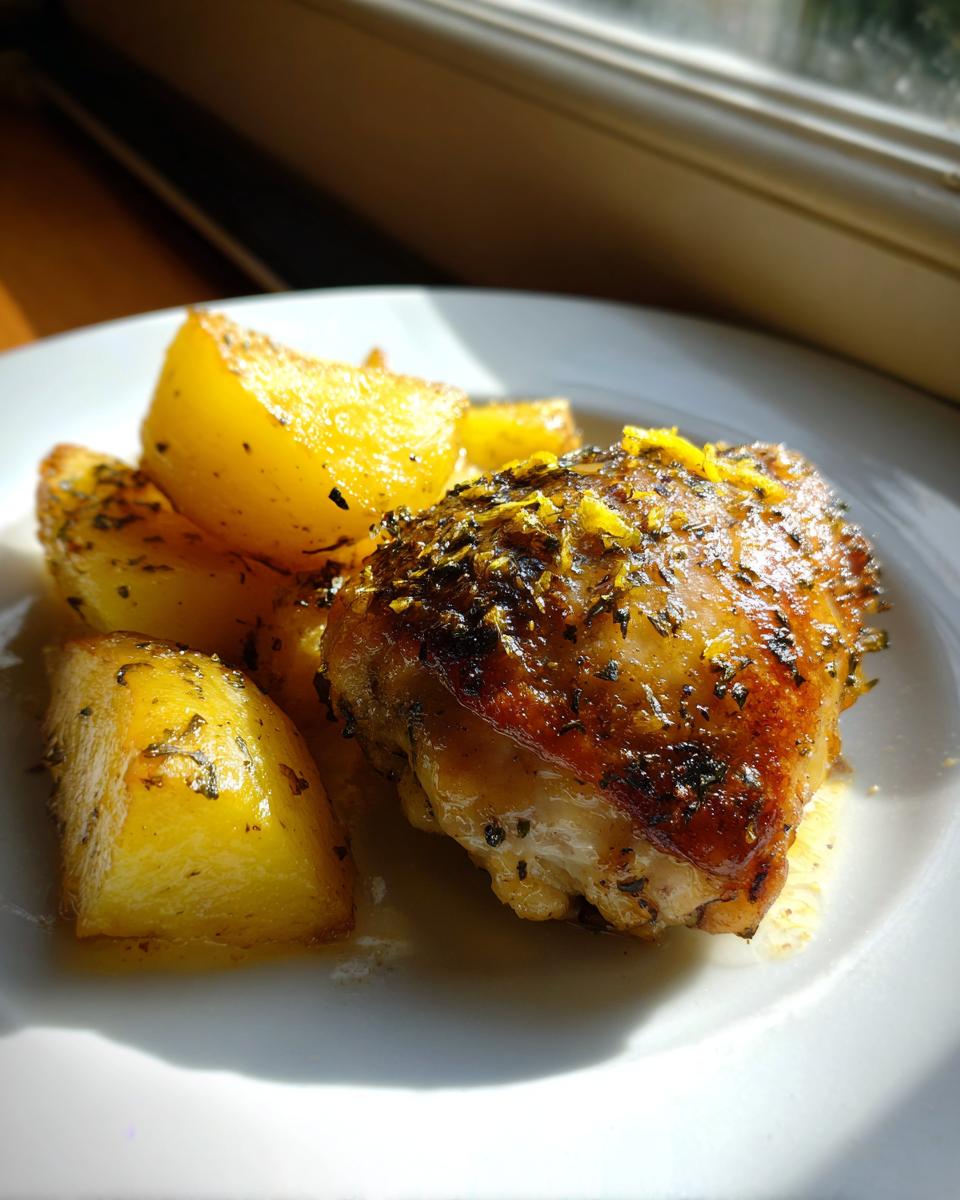A close-up of juicy greek chicken thigh with crispy skin next to roasted potatoes on a white plate.