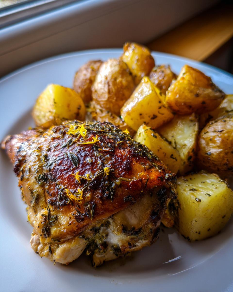Close-up of a perfectly cooked piece of juicy greek chicken thigh seasoned with herbs and lemon zest, served with roasted potatoes.