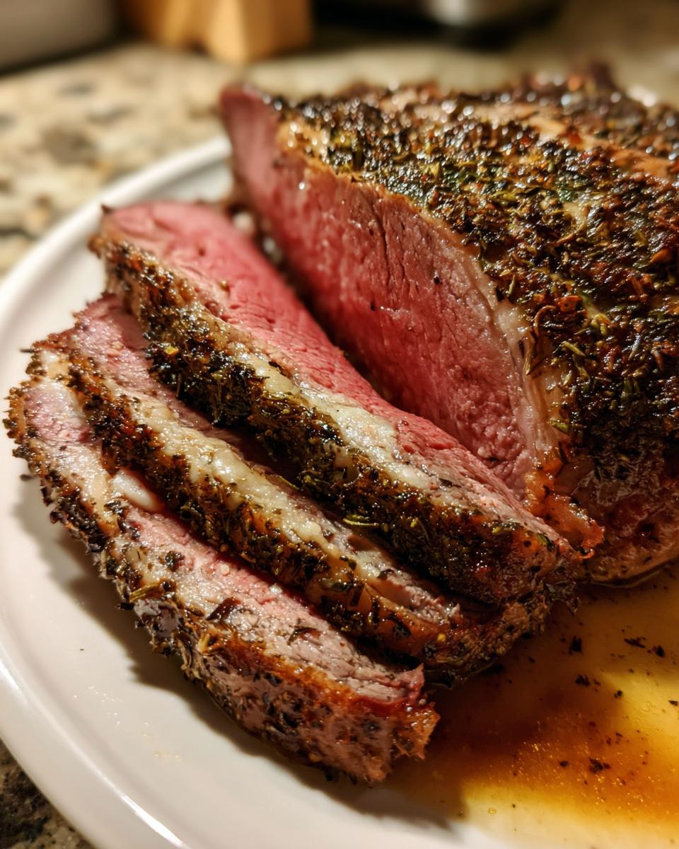 Close-up of a perfectly cooked, medium-rare rib roast, sliced to show the pink center and dark herb crust.