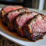 Close-up of thick, medium-rare slices of seasoned rib roast resting in their juices on a white platter.