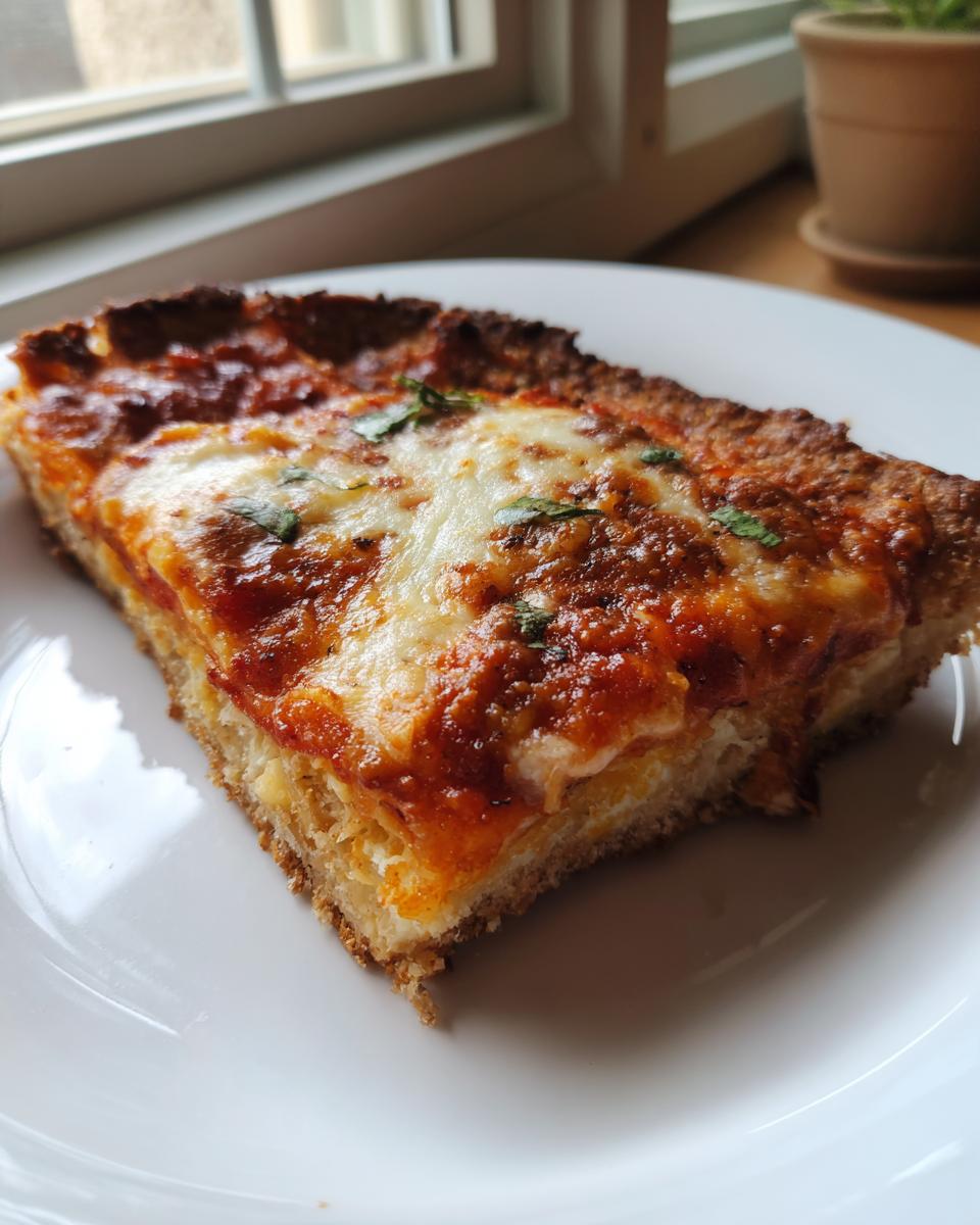 A thick slice of deep dish keto pizza crust topped with melted cheese, rich tomato sauce, and basil.