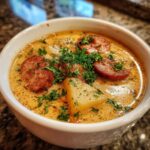 Close-up of a creamy bowl of kielbasa potato soup, featuring chunks of potato and sliced sausage garnished with fresh parsley.