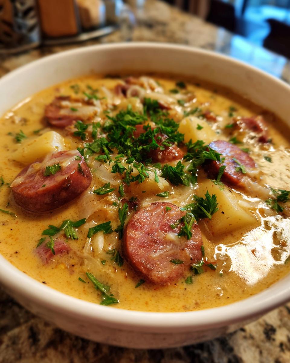 Close-up of a creamy bowl of kielbasa potato soup, featuring sliced sausage, potatoes, and fresh parsley garnish.
