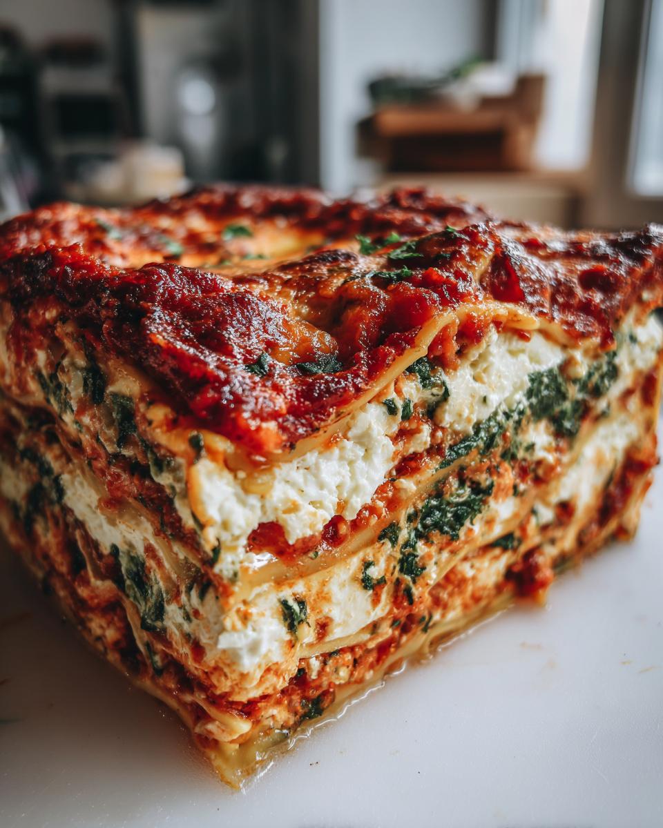 Close-up of a thick slice of Lasagna with Cottage Cheese, showing layers of pasta, rich red sauce, white cottage cheese, and green spinach.