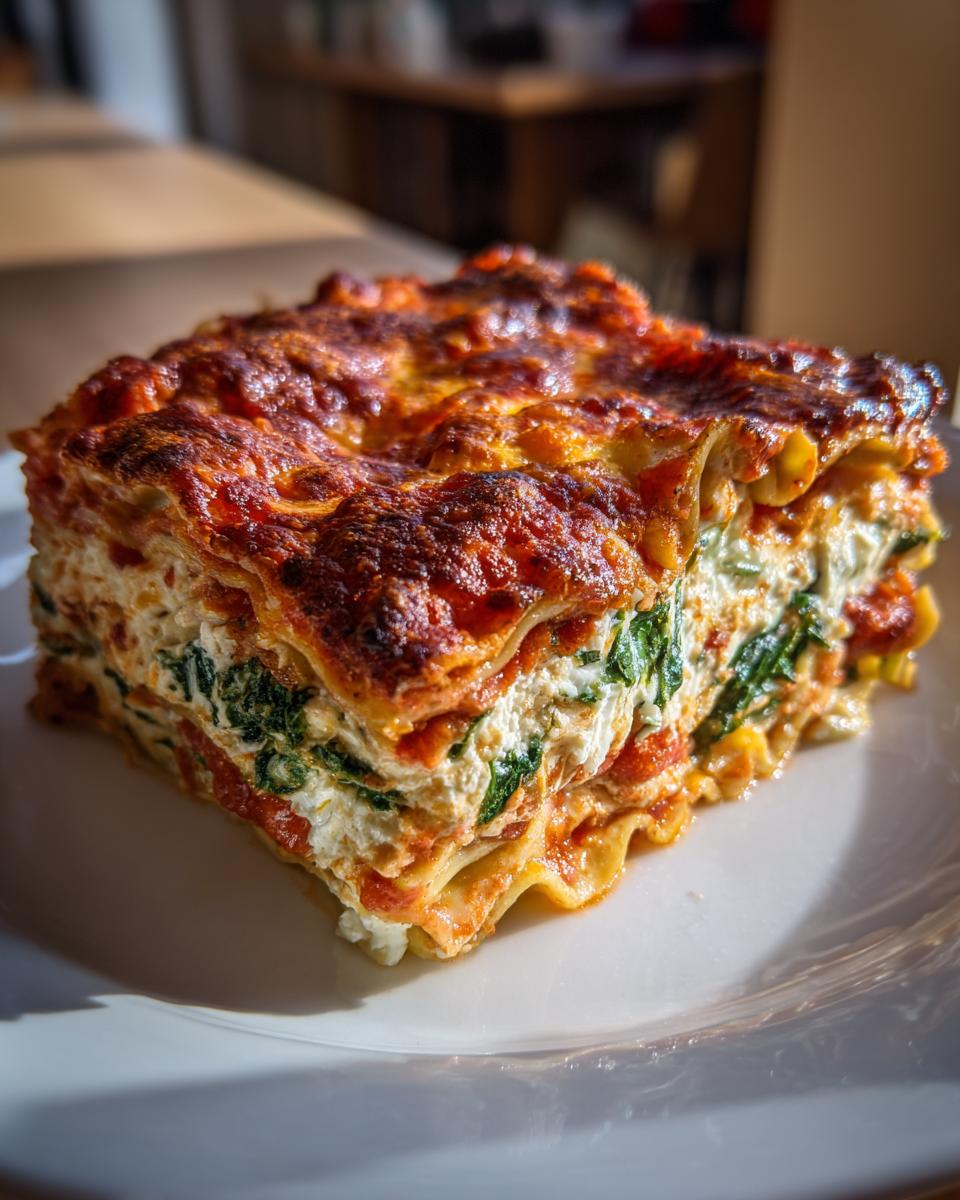 A tall, golden-brown slice of lasagna with cottage cheese and spinach layers, served on a white plate.
