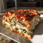 A thick, layered slice of Lasagna with Cottage Cheese, spinach, and rich tomato sauce on a white plate.
