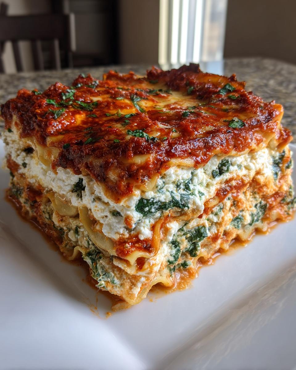 A thick, layered slice of lasagna with cottage cheese, spinach, and rich tomato sauce on a white plate.