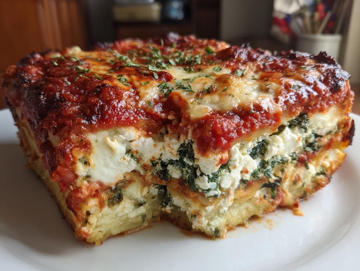 A thick, cheesy slice of Lasagna with Cottage Cheese, showing layers of pasta, spinach, and rich tomato sauce.