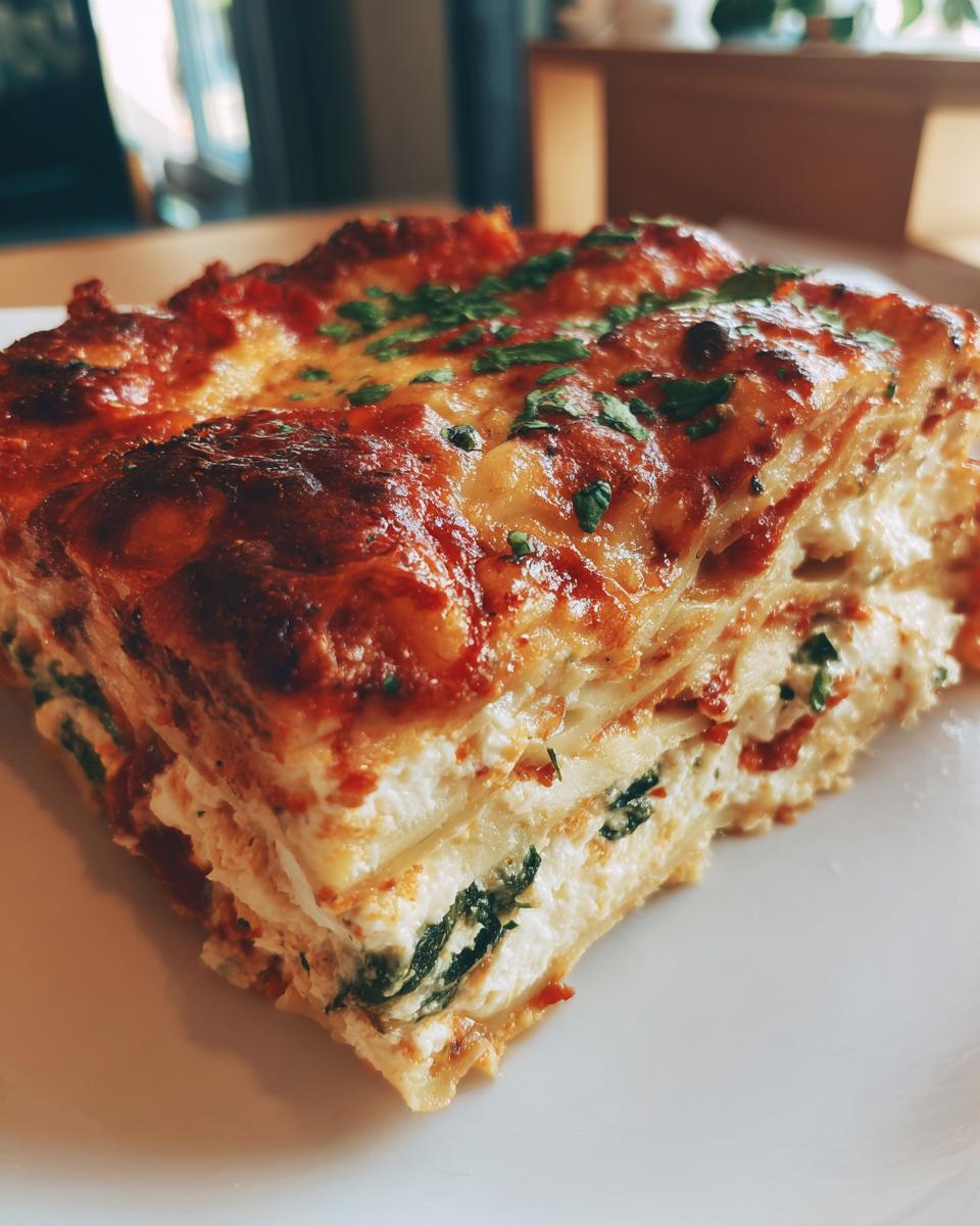 Close-up of a layered slice of lasagna with cottage cheese filling and spinach, topped with melted cheese.