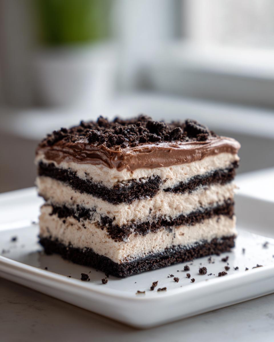 A square slice of layered dirt cake featuring alternating dark chocolate cookie crust and light cream filling, topped with chocolate frosting and cookie crumbs.