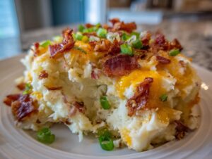 A close-up serving of loaded mashed potato casserole topped with melted cheddar cheese, bacon bits, and green onions.