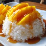 Close-up of sweet sticky rice topped with sliced ripe mango and drizzled with rich coconut sauce for mango sticky rice.