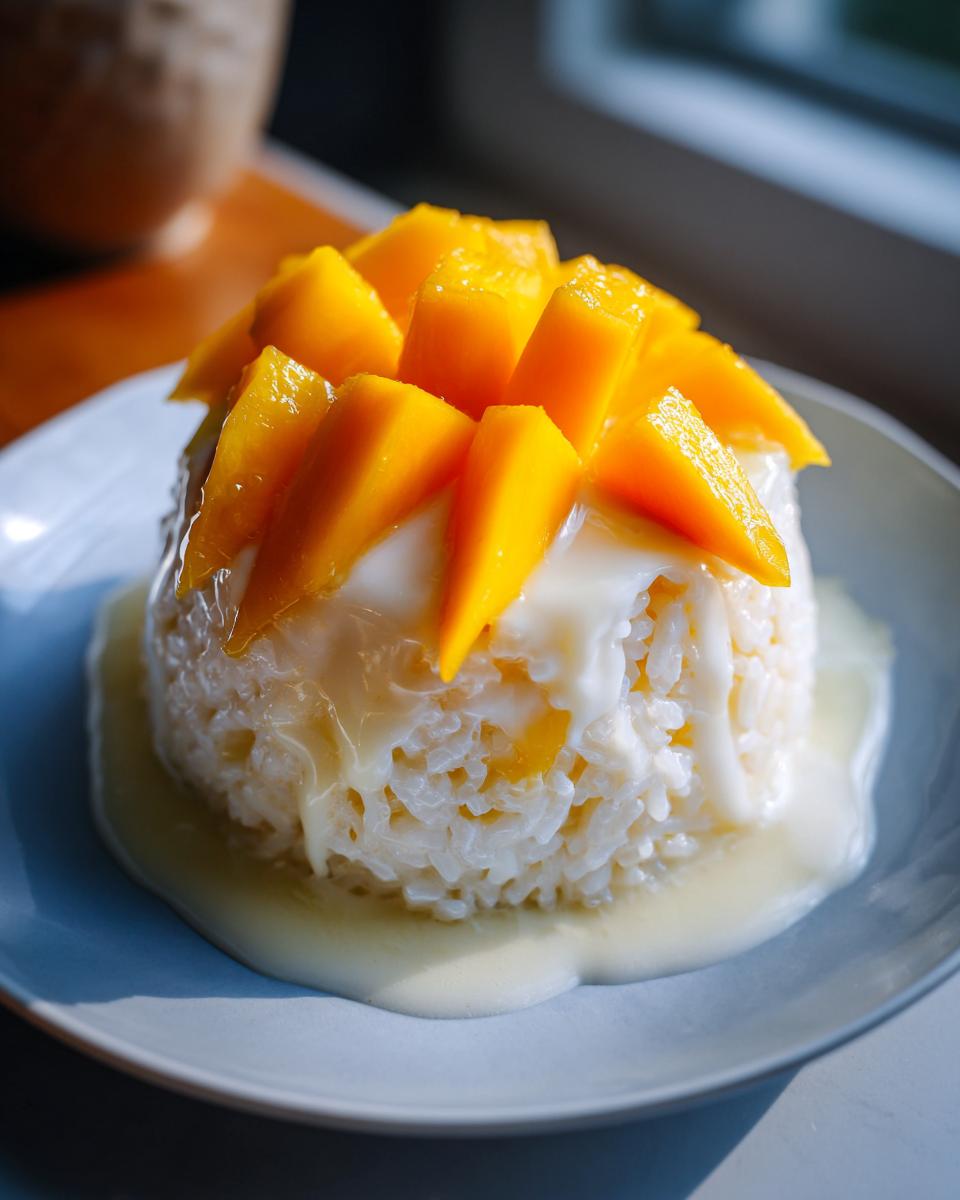 Close-up of a molded serving of mango sticky rice topped with fresh mango slices and coconut cream sauce.