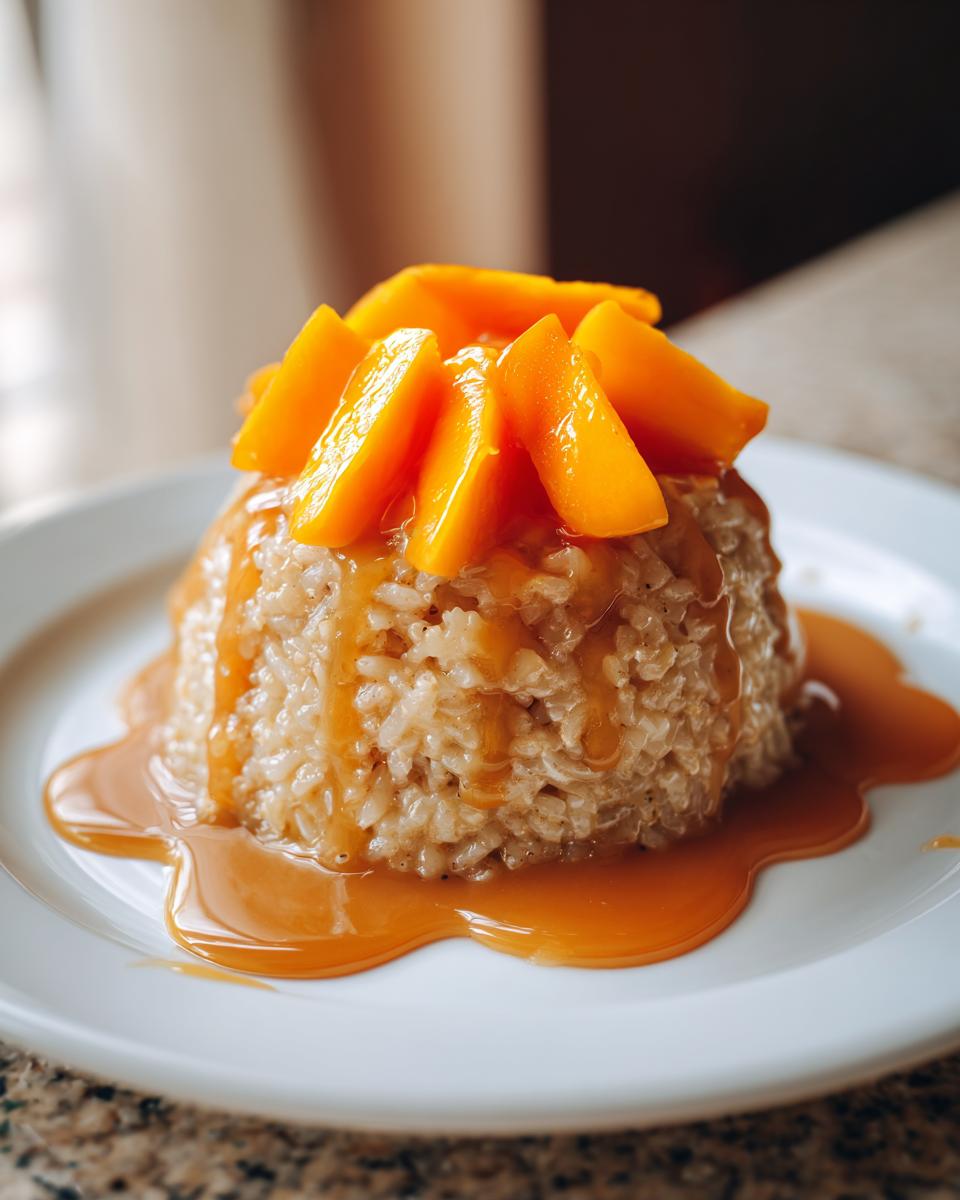 A molded serving of mango sticky rice topped with fresh mango slices and drizzled with sweet coconut sauce.