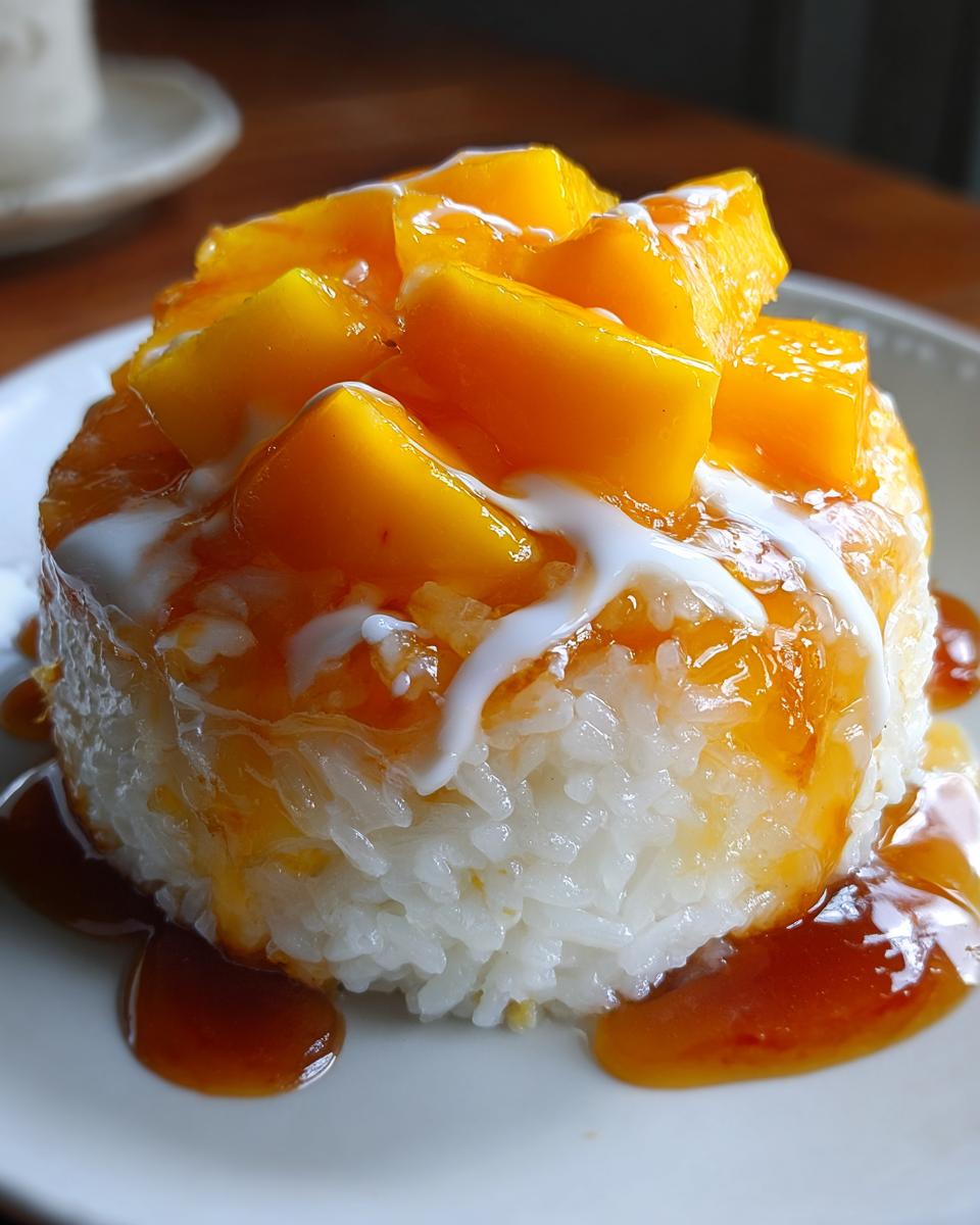 Close-up of a molded serving of mango sticky rice topped with fresh mango chunks and coconut cream.
