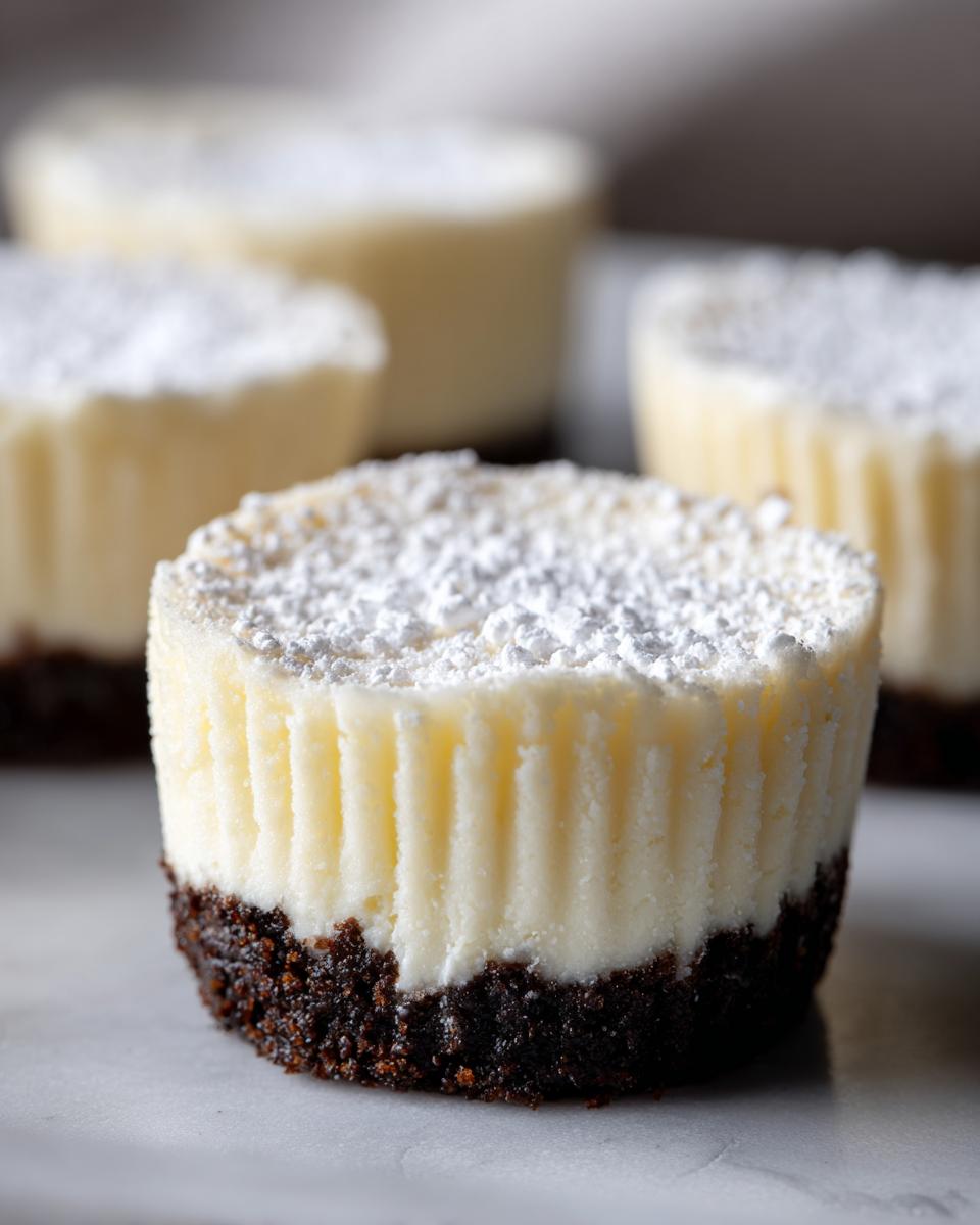 Close-up of a single, perfectly formed mini cheesecake with a dark chocolate crust and a dusting of powdered sugar.