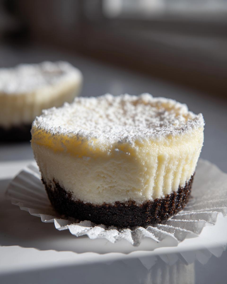 Close-up of a delicious mini cheesecake with a dark crust and creamy filling, dusted with powdered sugar.