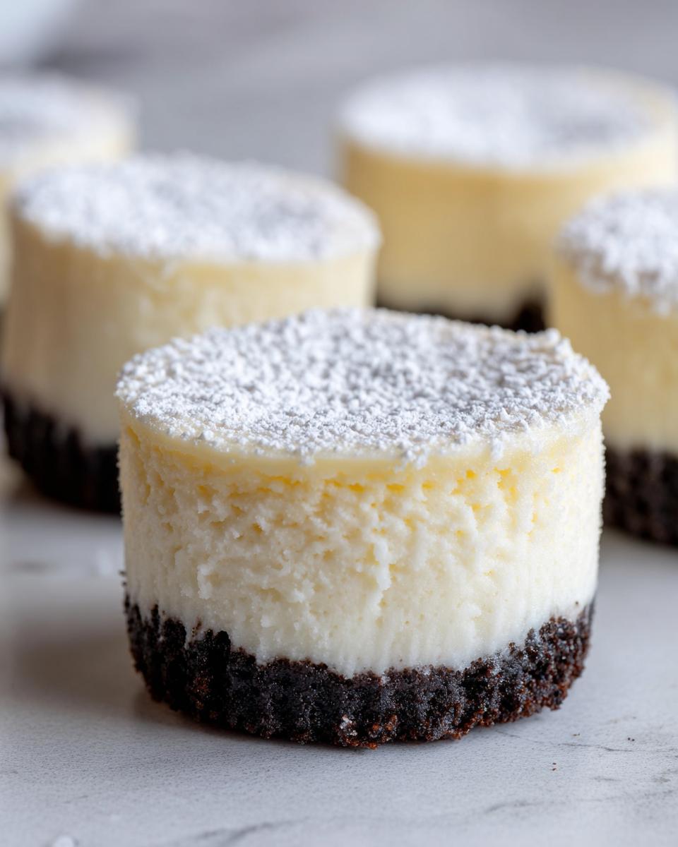 A close-up of a single mini cheesecake with a dark crust, topped with powdered sugar, with more mini cheesecake treats in the background.