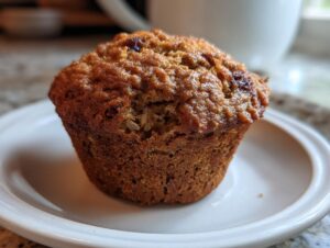 Close-up of a perfectly baked, moist bran muffin sitting on a white plate.