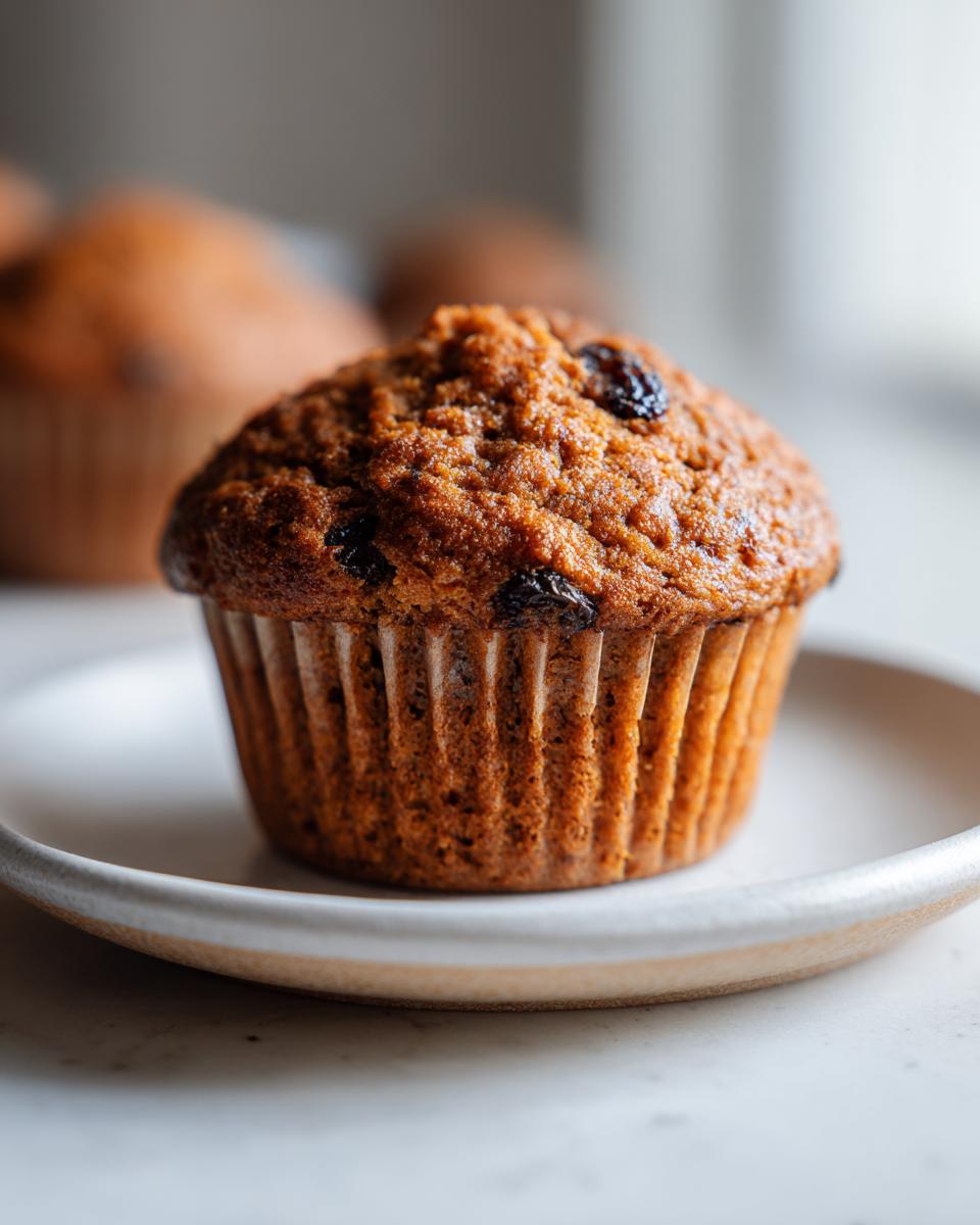 Close-up of a single, perfectly baked, moist bran muffin studded with raisins, resting on a small white plate.
