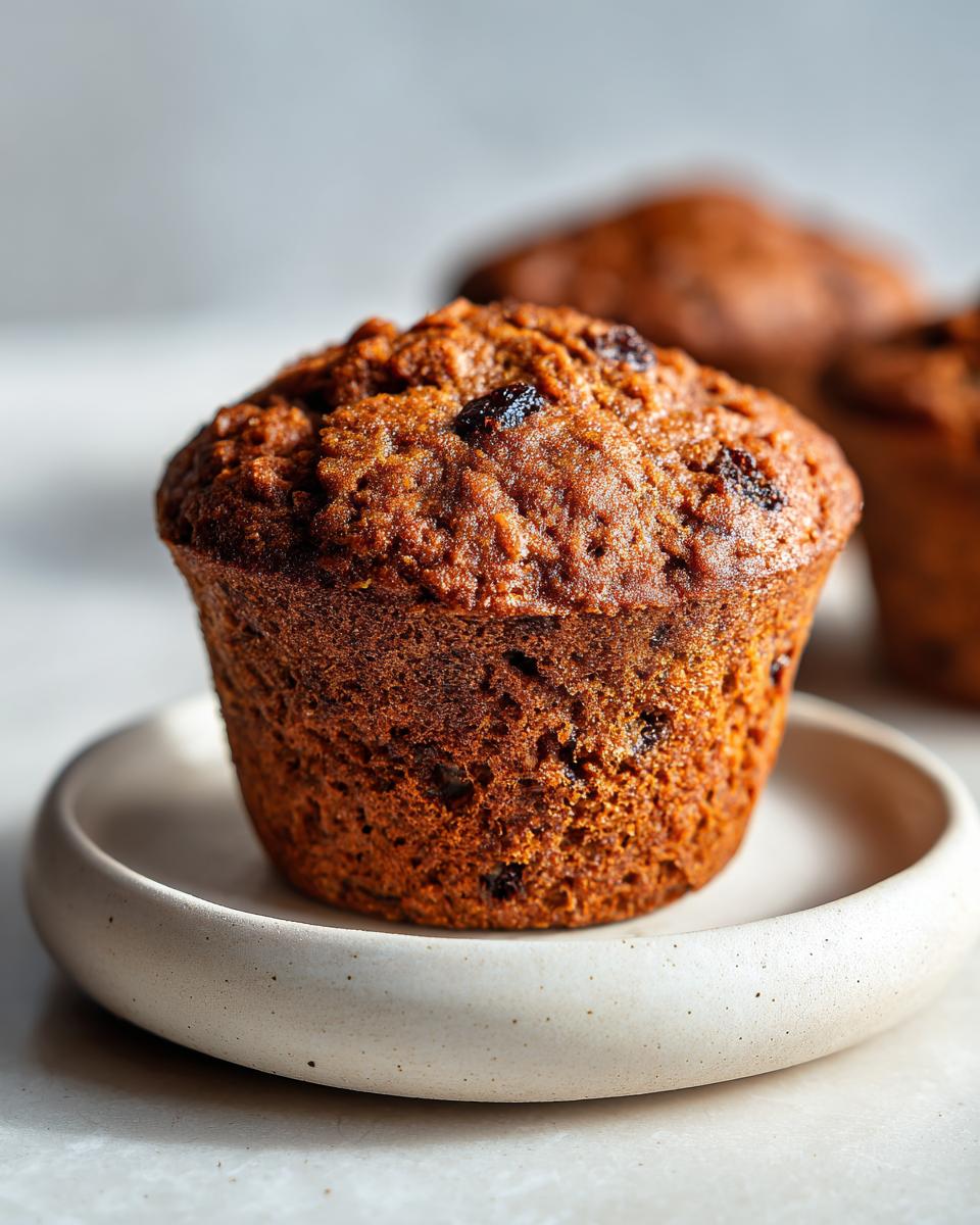 A close-up of a single, moist bran muffin topped with raisins, resting on a small ceramic plate.