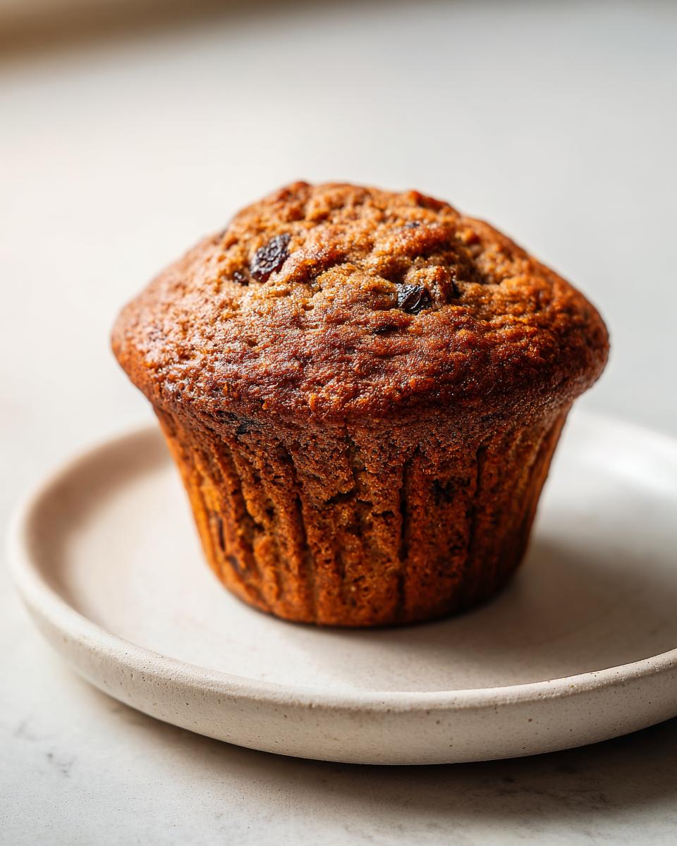 A single, perfectly baked, moist bran muffins with visible raisins on top, resting on a light ceramic plate.