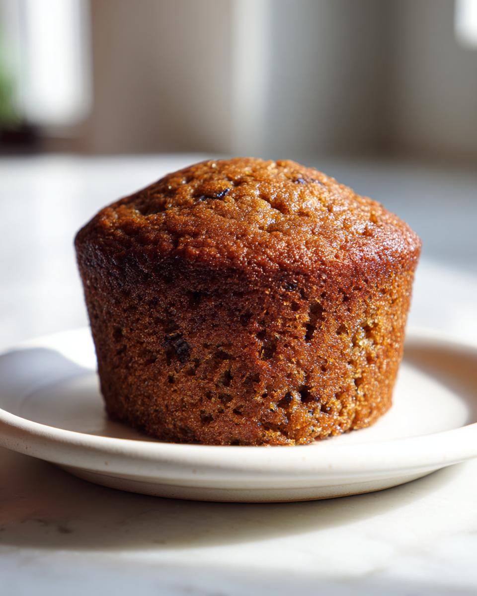 A single, perfectly baked, moist bran muffins with a rich brown top, sitting on a small white plate.