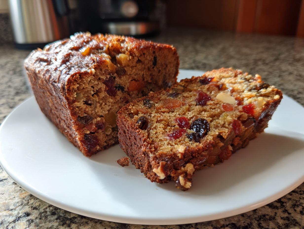 Close-up of a moist fruit cake loaf, partially sliced, showing rich dried fruits and nuts inside.
