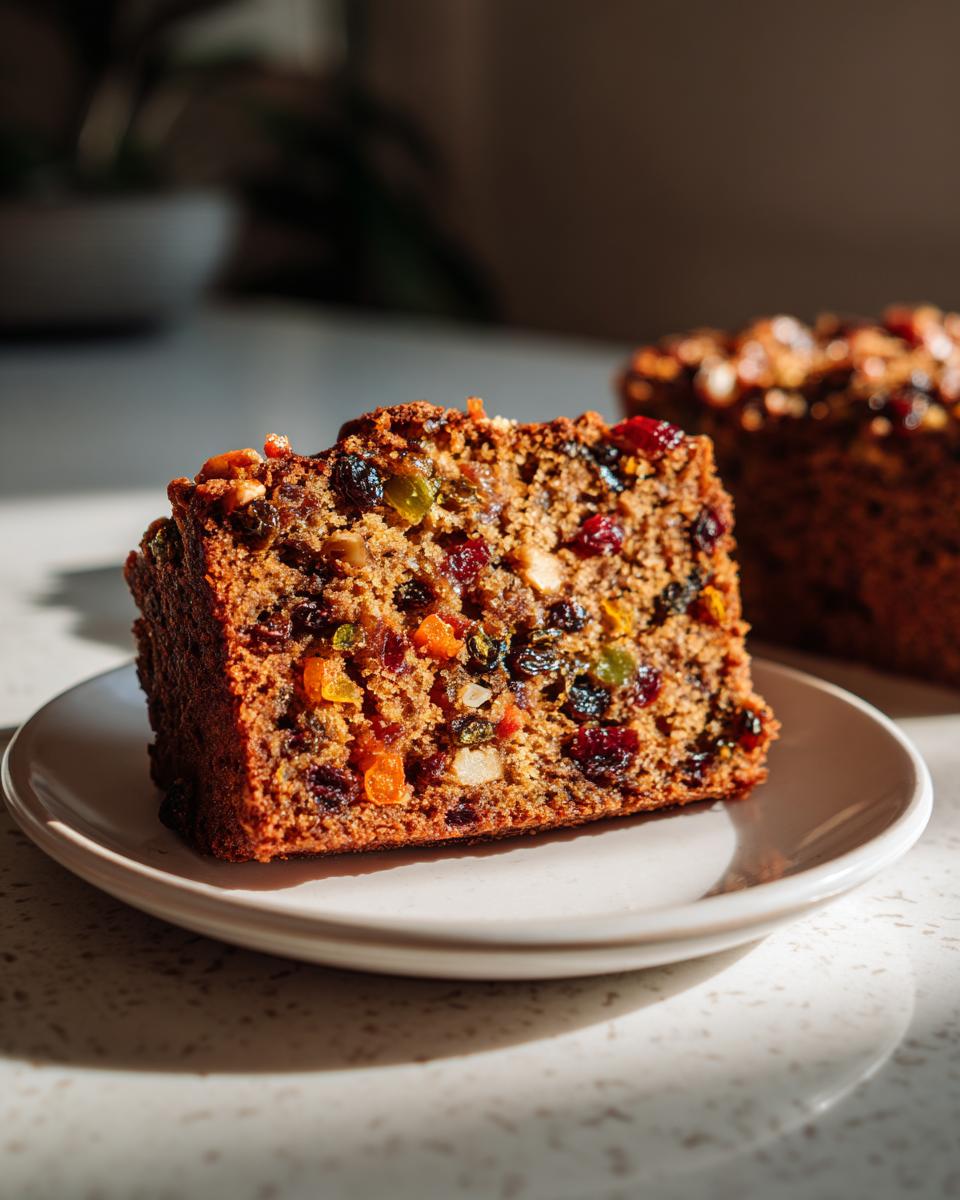 Close-up of a moist slice of fruit cake on a small plate, showing rich texture and colorful dried/candied fruit pieces.