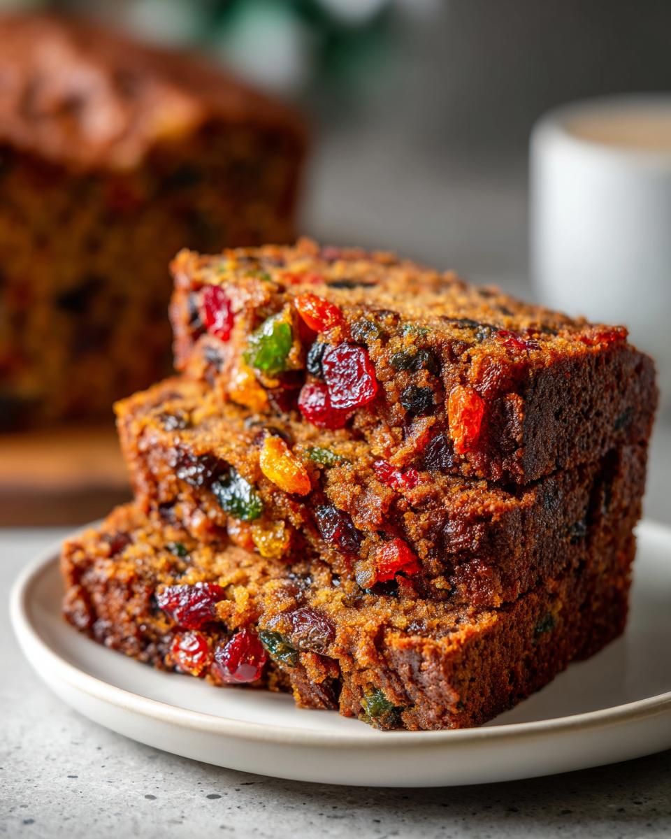 Three thick slices of moist fruit cake stacked on a white plate, showing colorful candied fruit pieces.