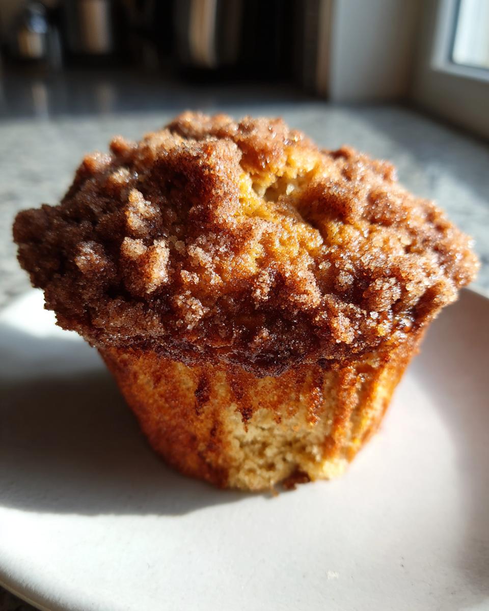 A close-up of a moist oatmeal muffin featuring a thick, sugary cinnamon crumb topping, sitting on a white plate.
