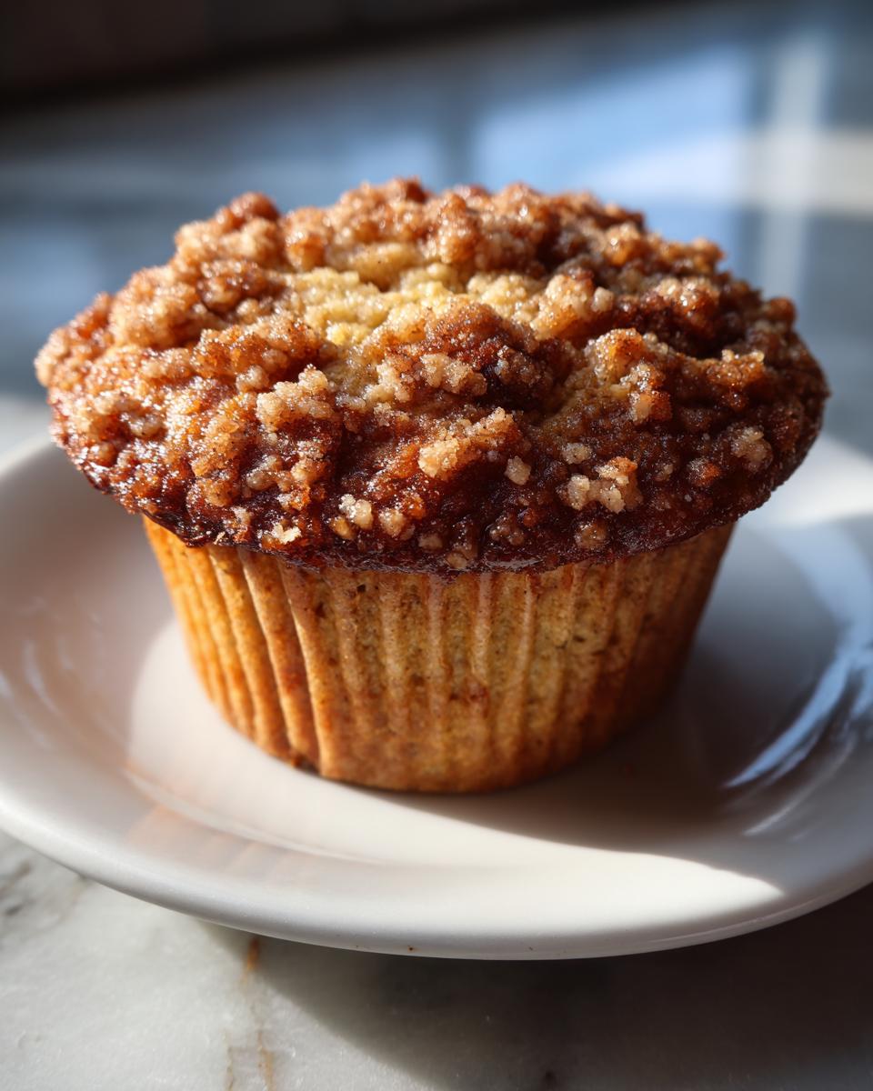 A single, moist oatmeal muffin with a rich, brown sugar crumb topping sitting on a white plate.