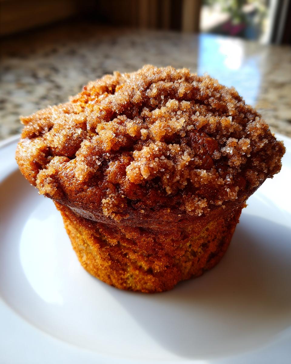 A single, moist oatmeal muffin with a thick, sugary brown streusel topping, sitting on a white plate.