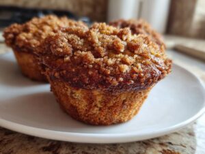 Close-up of a freshly baked, moist oatmeal muffin featuring a rich, sugary cinnamon crumb topping.