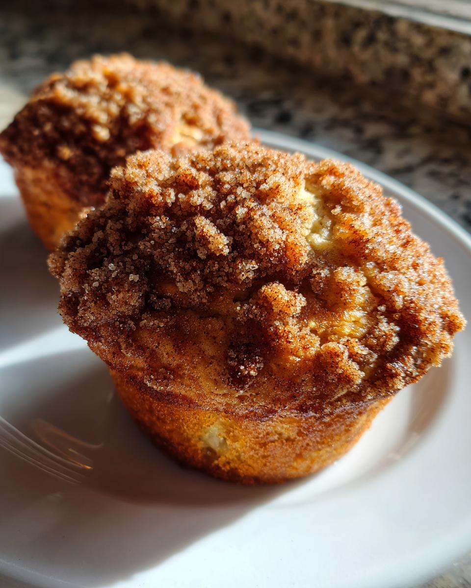 Close-up of two moist oatmeal muffins topped with a thick layer of cinnamon sugar streusel, sitting on a white plate.