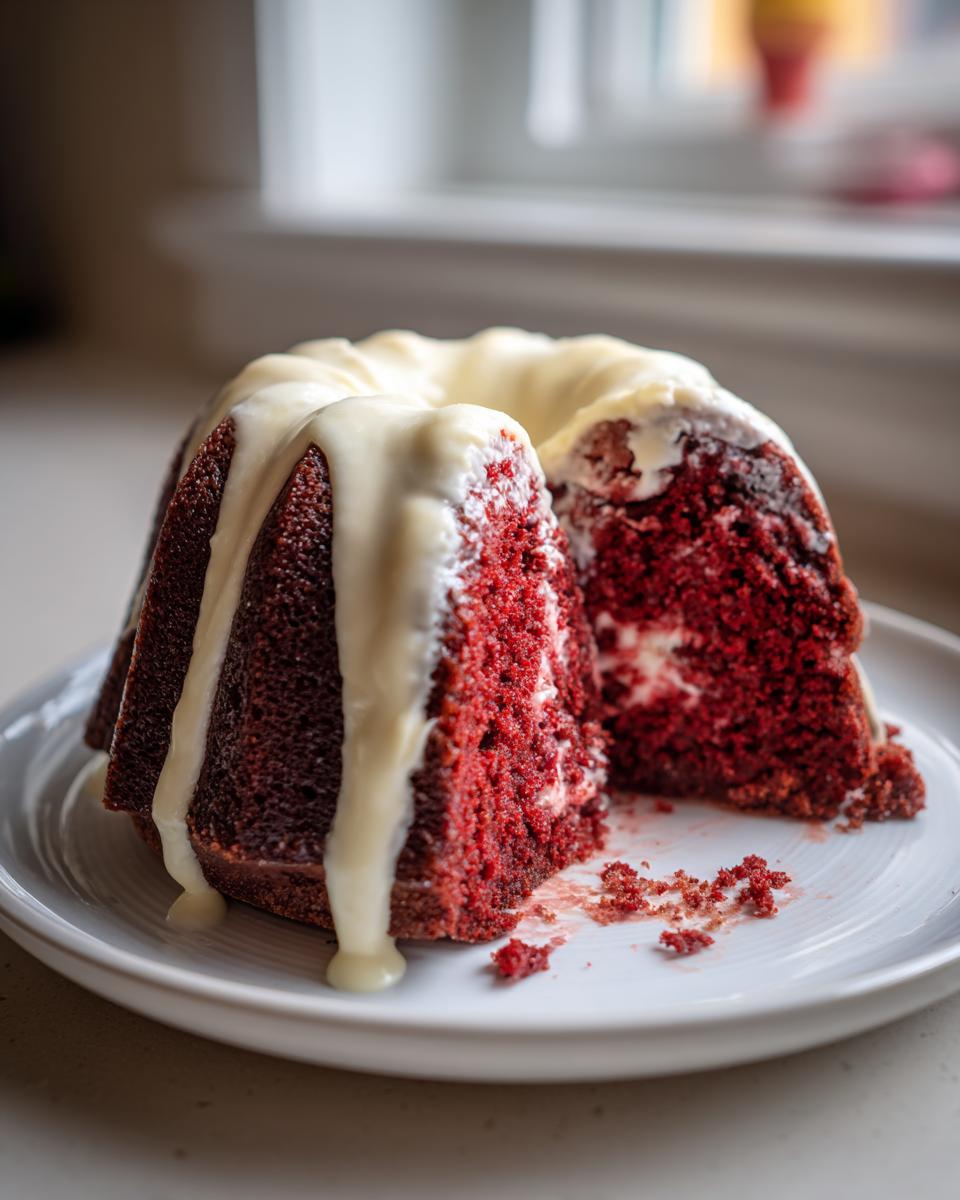 A slice cut from a moist red velvet bundt cake topped with thick white glaze, sitting on a white plate.