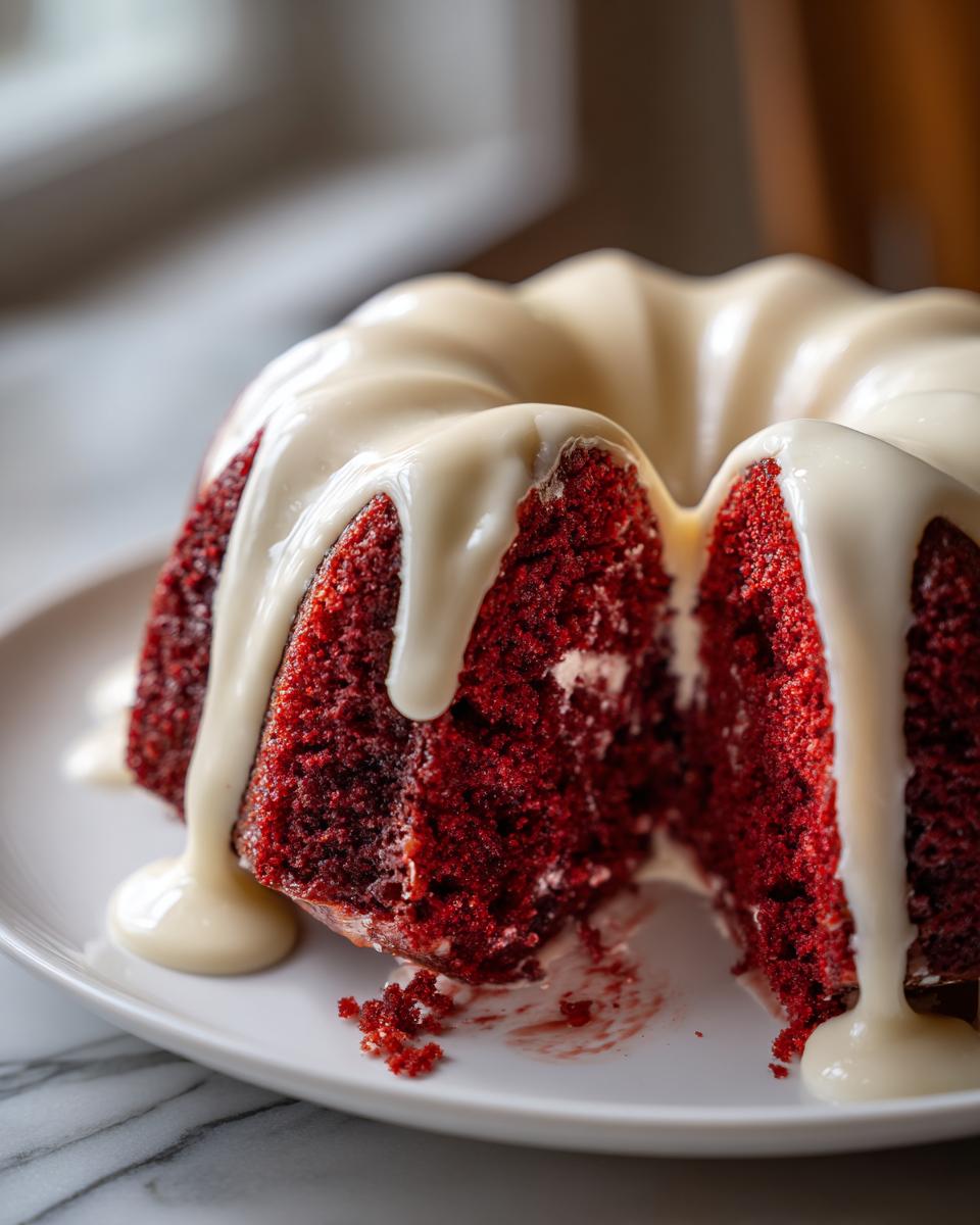 Close-up of a moist red velvet bundt cake with a thick white glaze dripping down the sides.