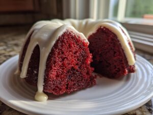 A slice cut from a moist red velvet bundt cake topped with dripping white cream cheese glaze.