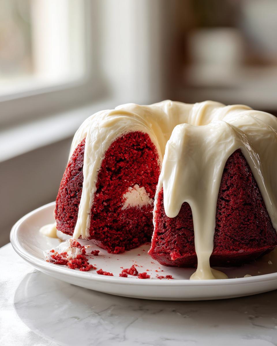 A slice cut from a vibrant red velvet bundt cake topped with thick, dripping cream cheese glaze.