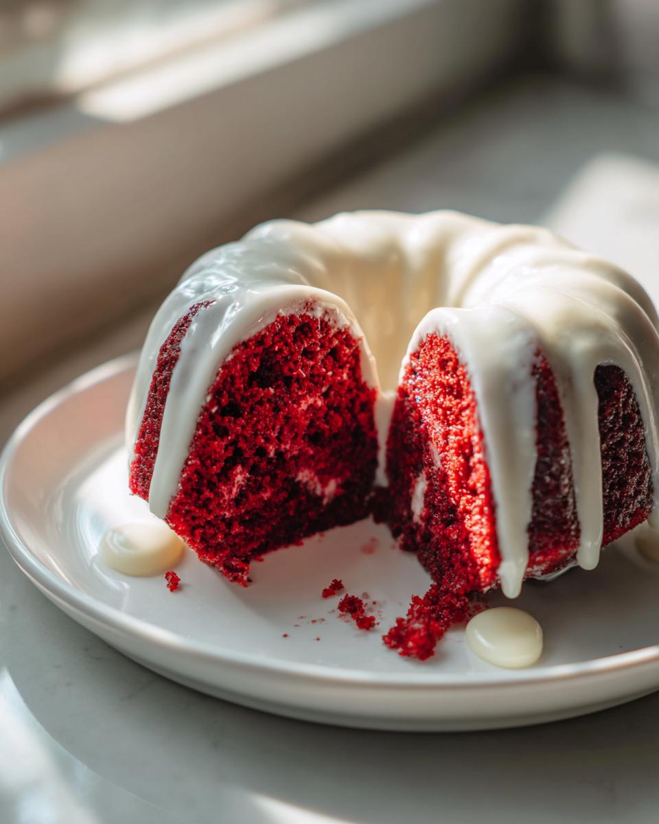 A slice cut from a vibrant red velvet bundt cake topped with thick white glaze, sitting on a white plate.