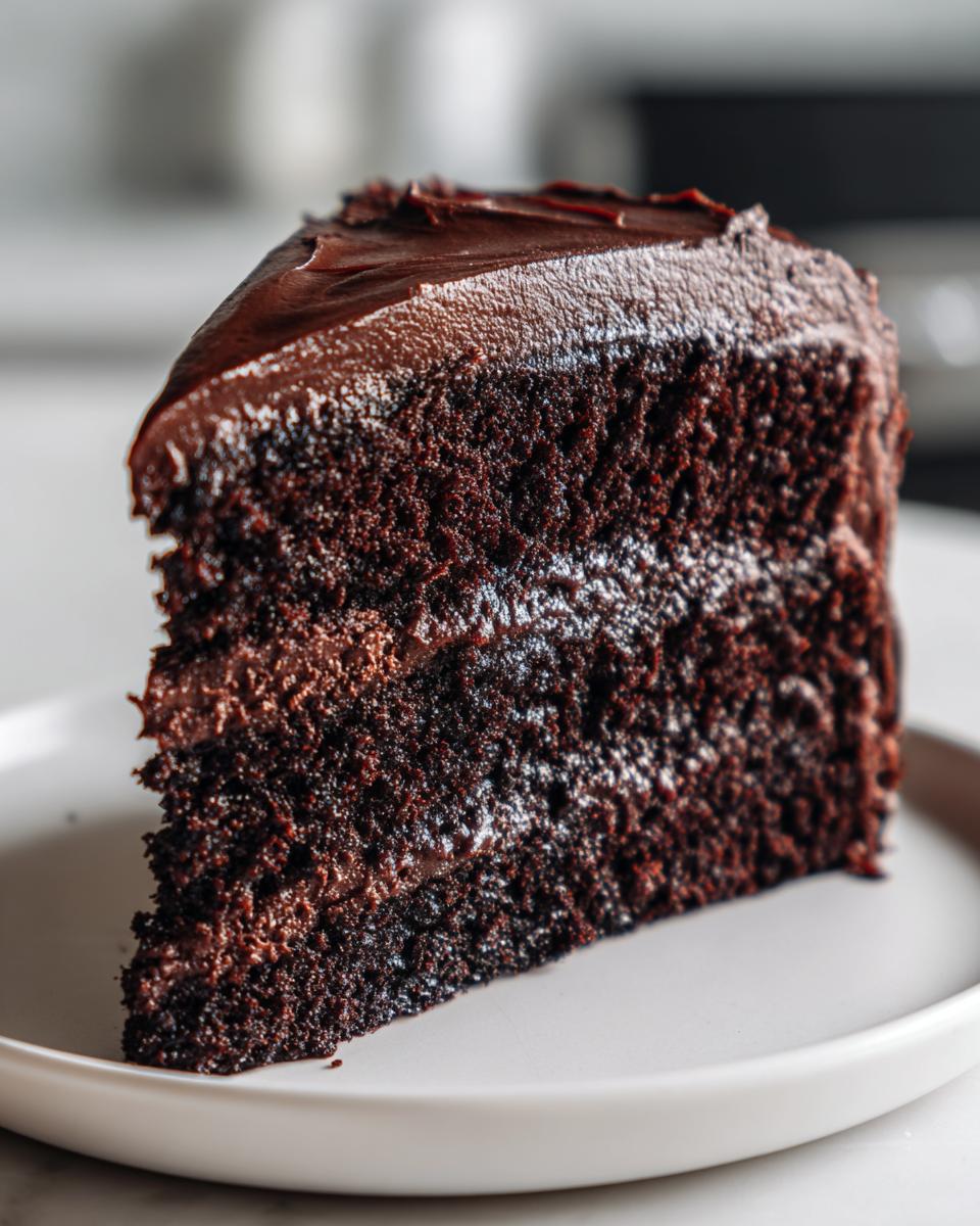 Close-up of a rich, moist slice of homemade chocolate cake with thick, dark chocolate frosting layers.