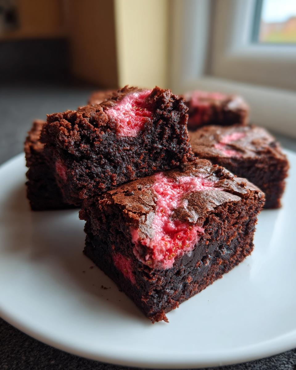 Close-up of rich, dark chocolate strawberry brownies with a bright pink strawberry swirl on top.