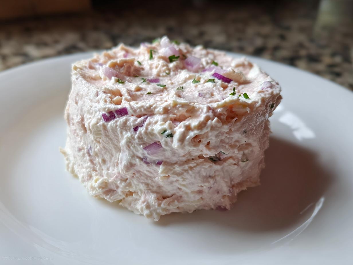 A perfectly molded portion of creamy, pink tuna dip topped with visible chunks of red onion and chives.