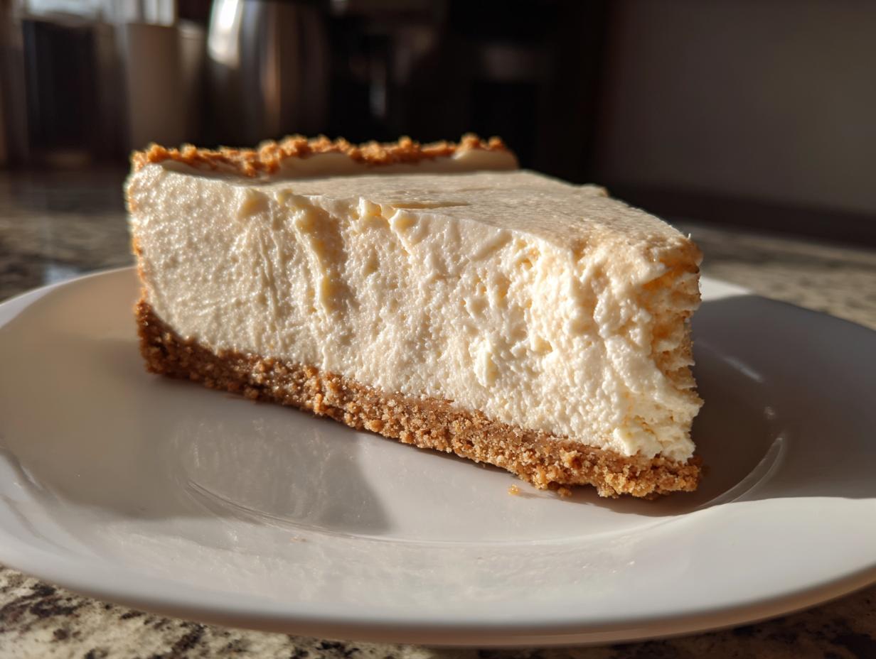 A thick slice of creamy, white no bake cheesecake with a graham cracker crust, sitting on a white plate.